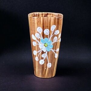 Italy Pottery Vase Wood Grain Glaze Blue Flower Relief 8 Inch